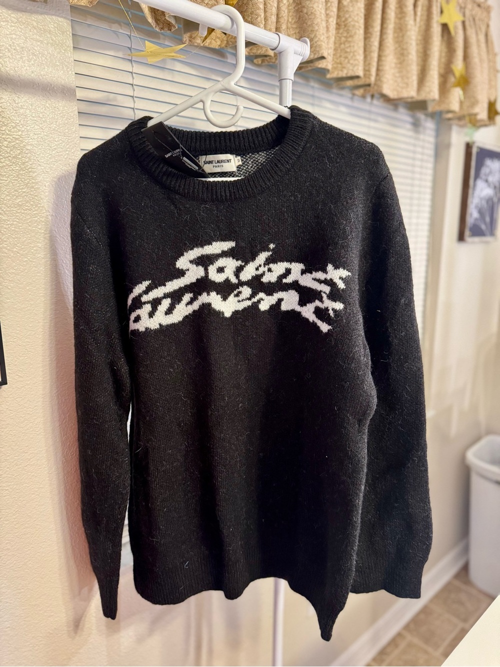 Saint Laurent Black and White Logo Knit Sweater Medium